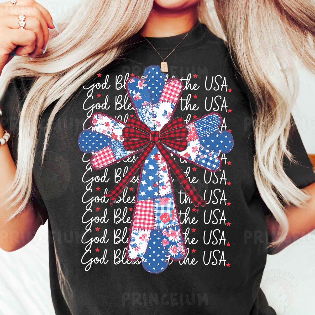 a woman wearing a black shirt with a red, white and blue bow