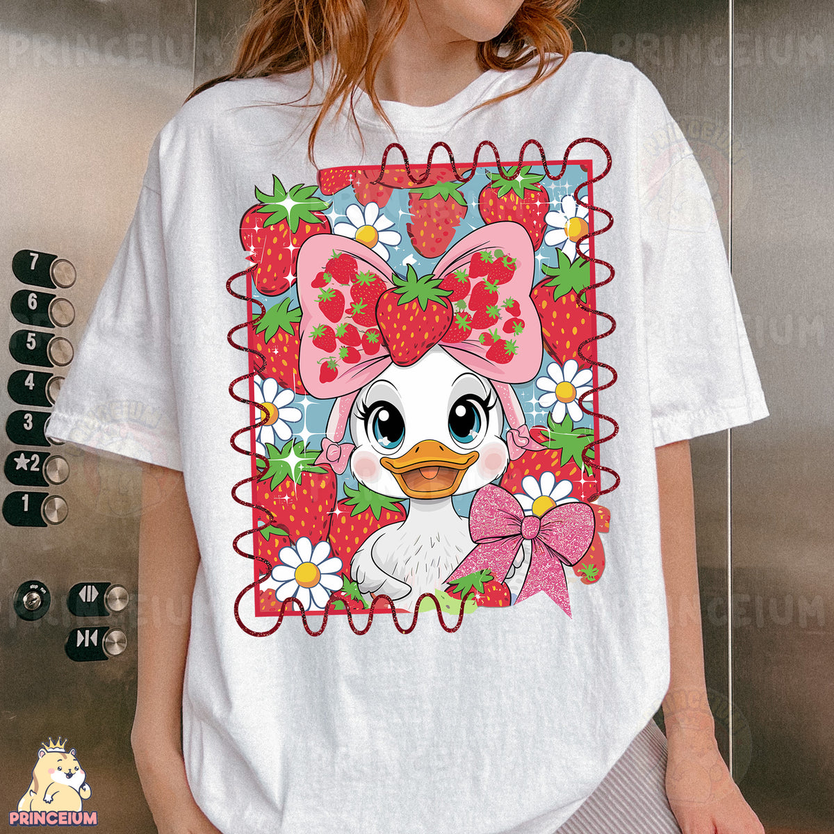 a woman wearing a t - shirt with a picture of a duck wearing a bow