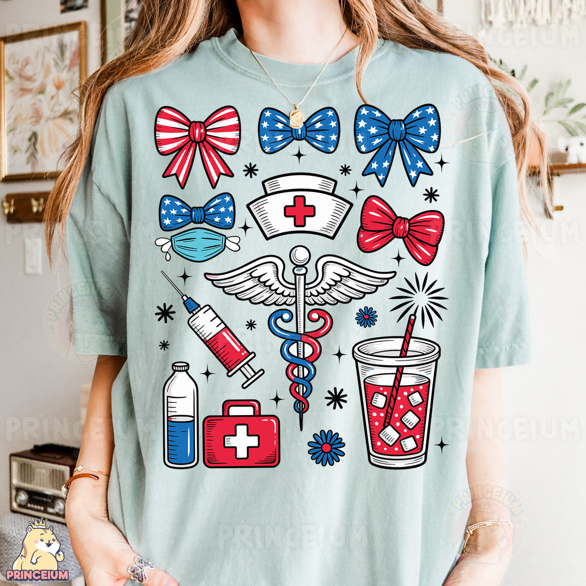 a woman wearing a t - shirt with medical symbols on it