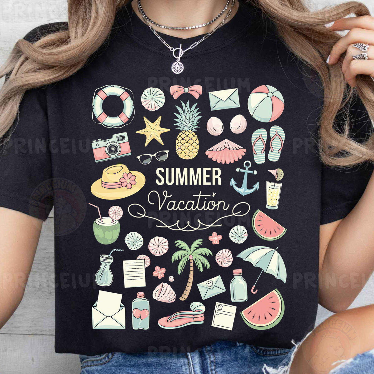 a woman wearing a t - shirt that says summer vacation