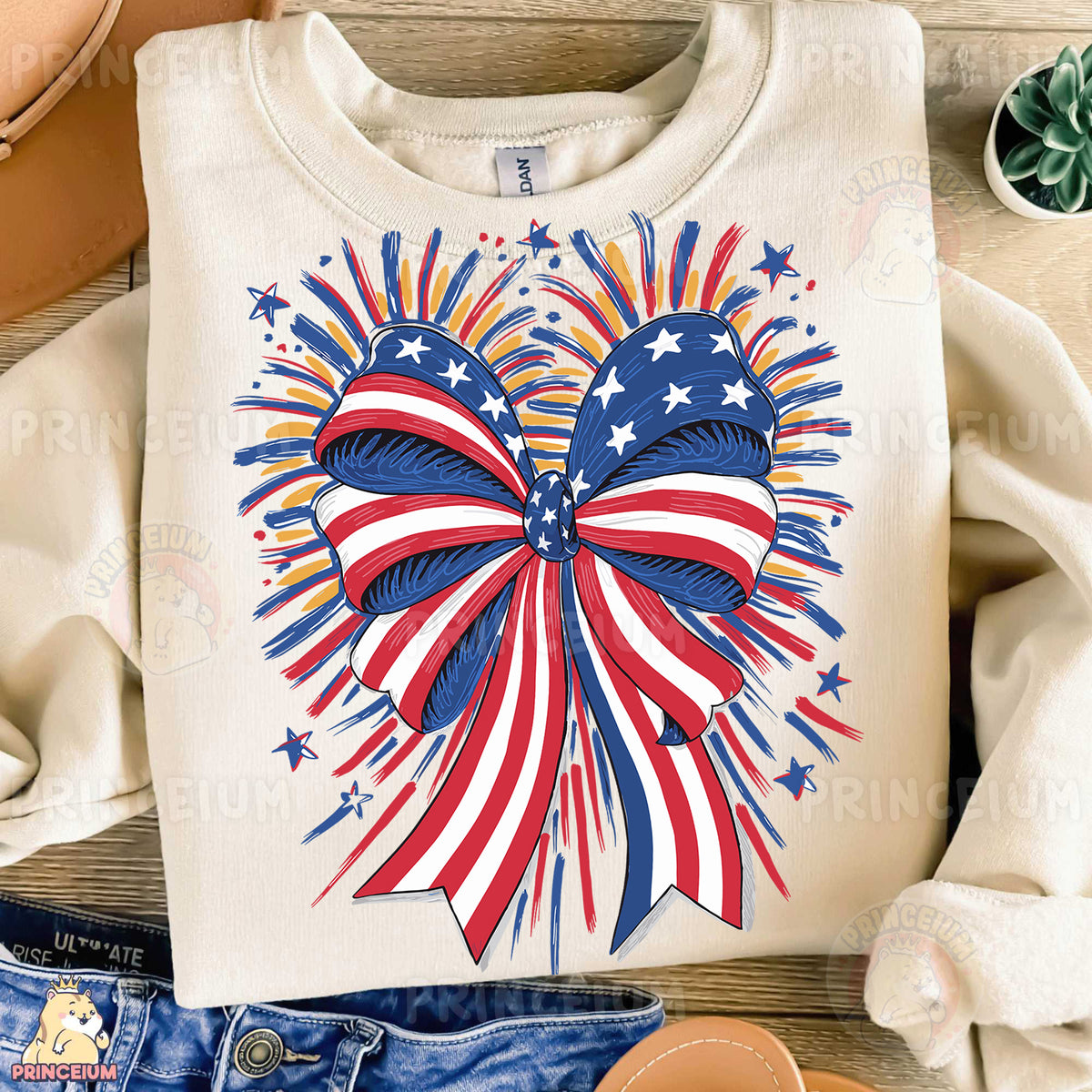 a t - shirt with an american flag bow on it