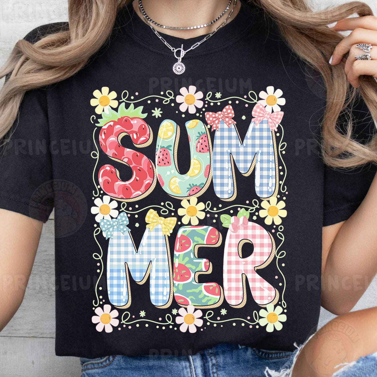 a woman wearing a t - shirt that says summer