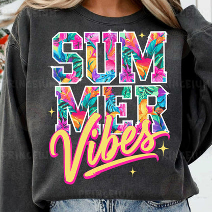 a woman wearing a sweatshirt that says summer vibes