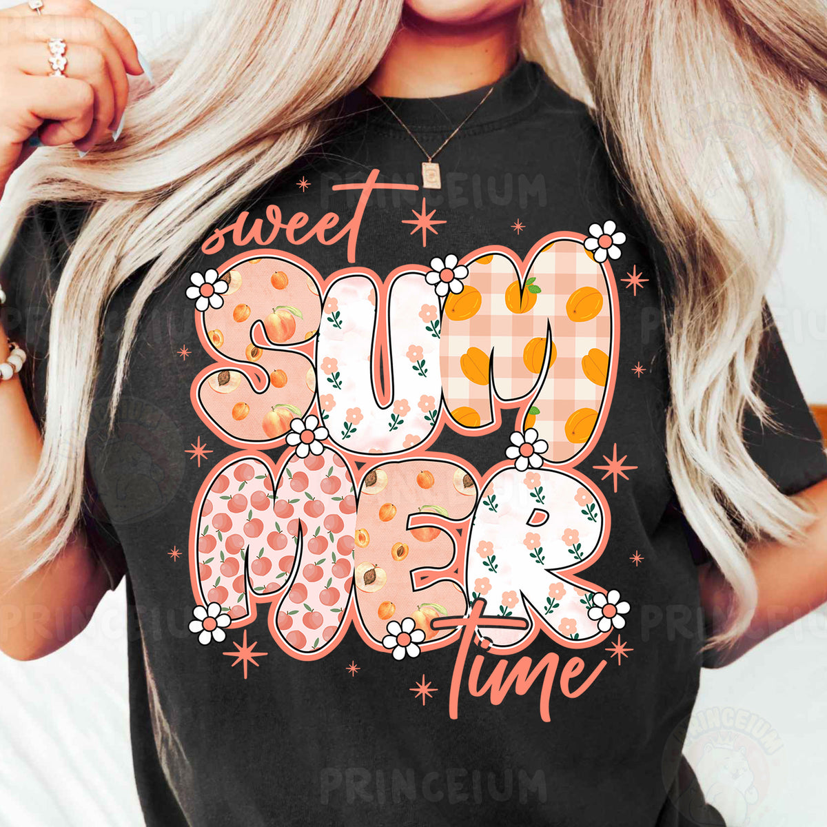 a woman wearing a black shirt that says sweet summer tune
