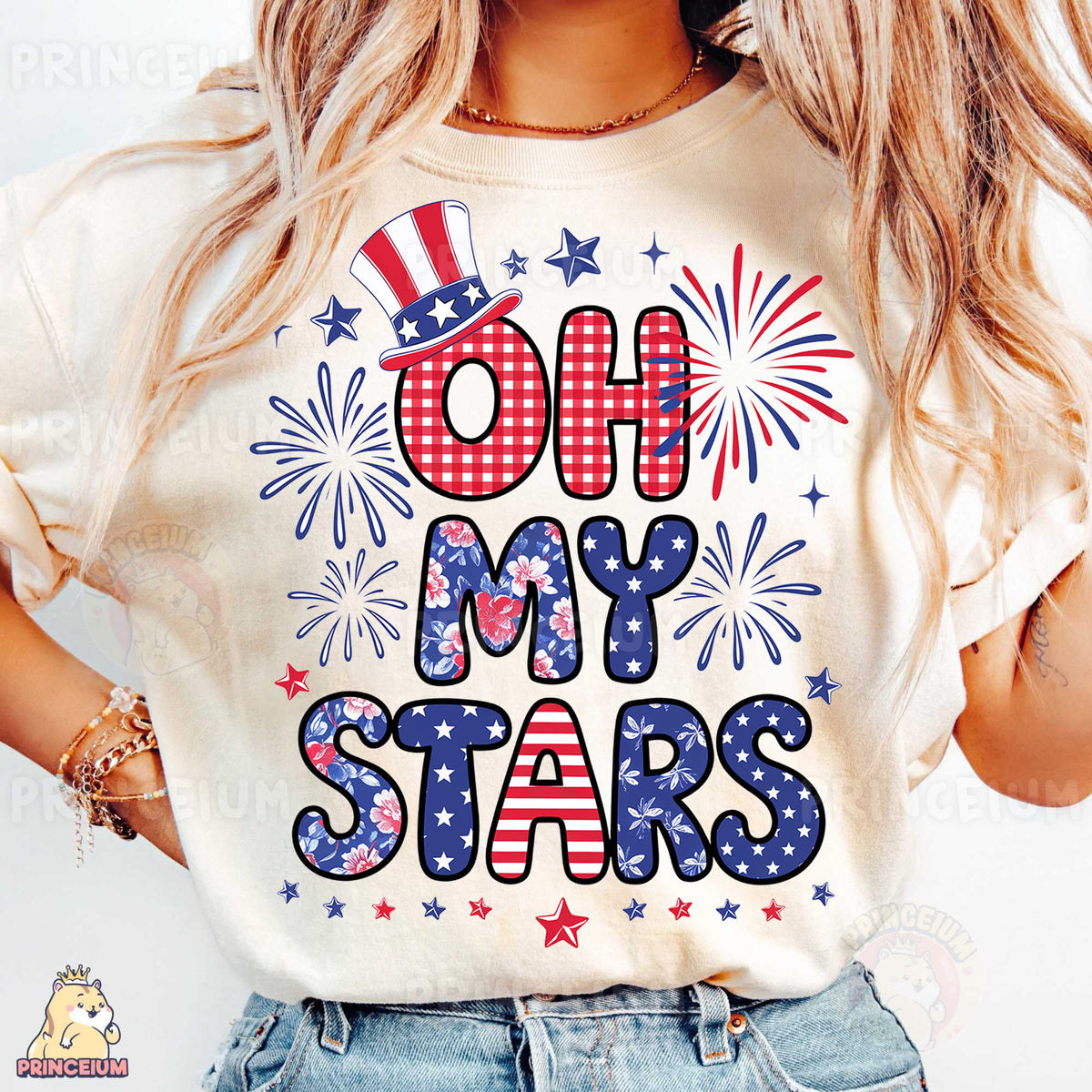 a woman wearing a t - shirt that says oh my stars