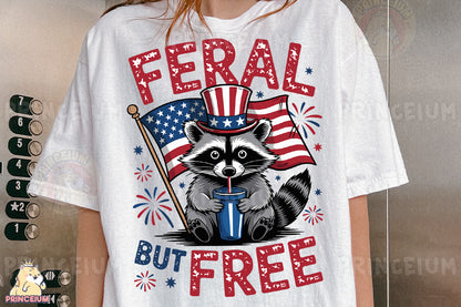 a woman wearing a t - shirt with a raccoon holding an american flag