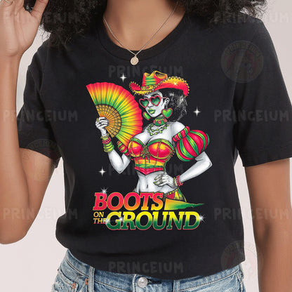a woman wearing a black shirt with an image of a woman holding a fan