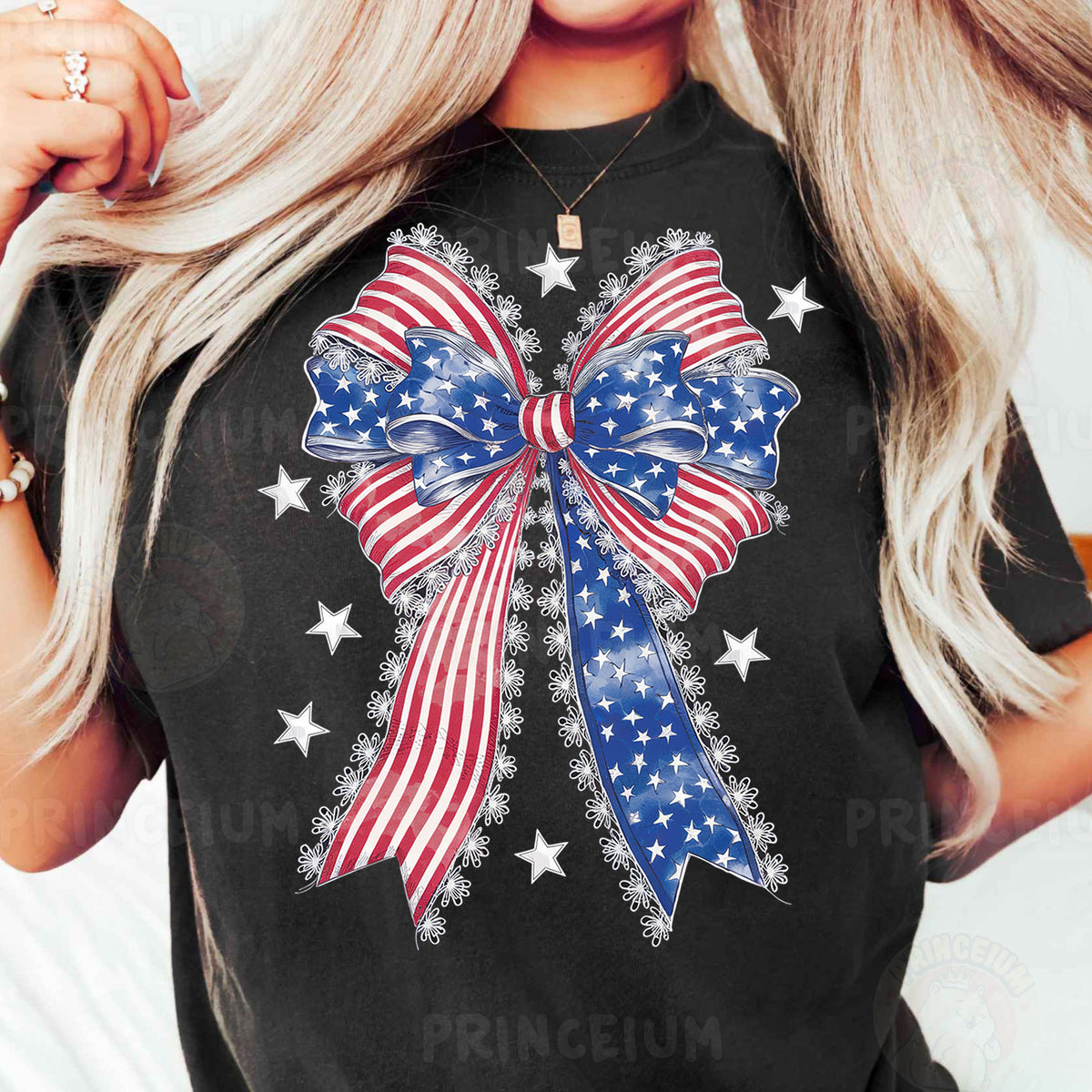 a woman wearing an american flag bow t - shirt