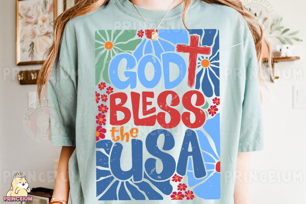 a woman wearing a t - shirt that says god, bless the usa