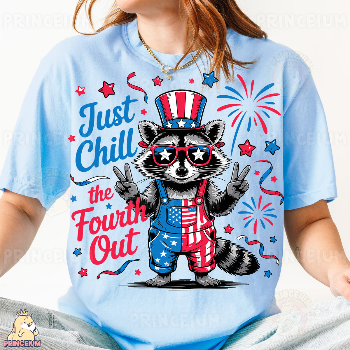 a woman wearing a t - shirt with a raccoon wearing sunglasses