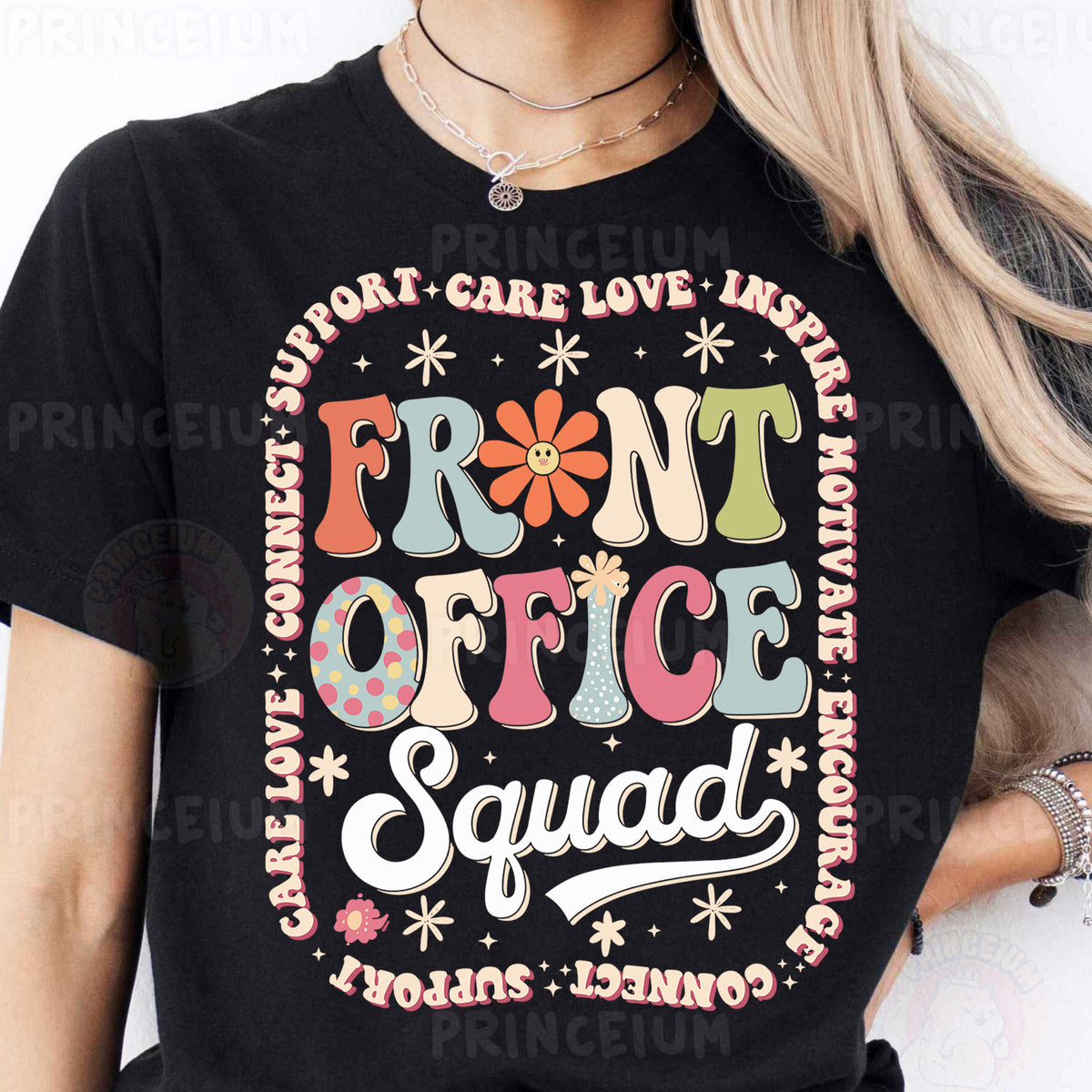 a woman wearing a black shirt that says front office squad