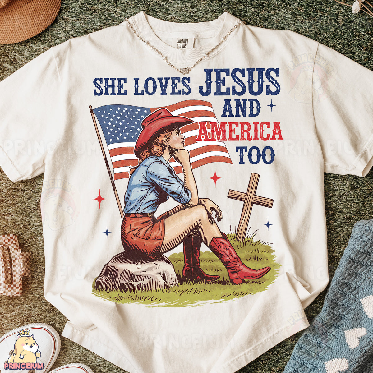a t - shirt that says she loves jesus and america too