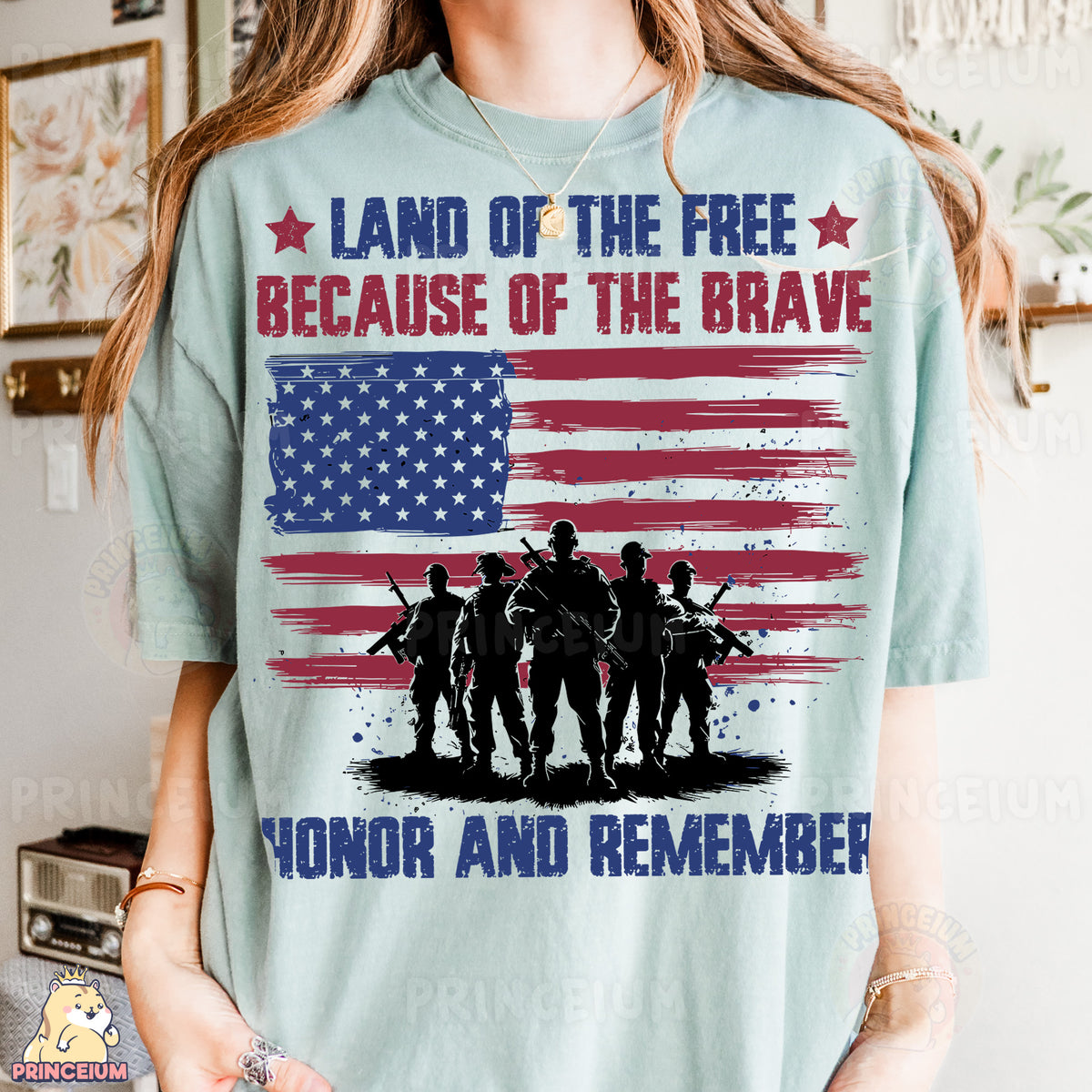 a woman wearing a t - shirt that says land of the free because of the