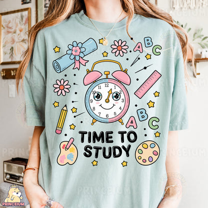 a woman wearing a t - shirt that says time to study