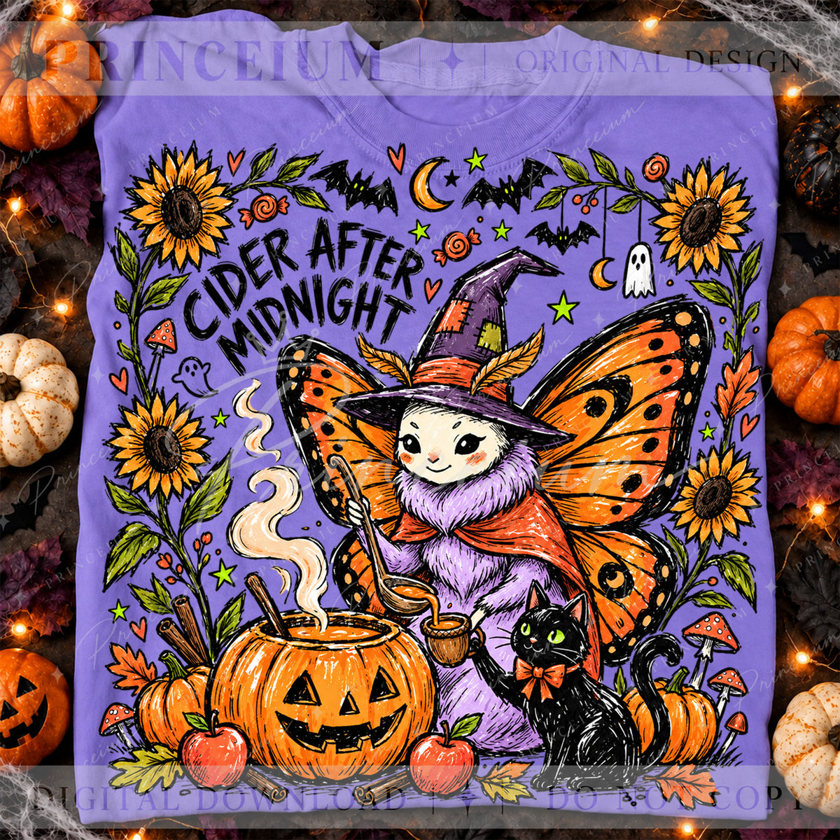 Cider After Midnight Halloween PNG – Butterfly Witch & Black Cat Design | Digital Download
