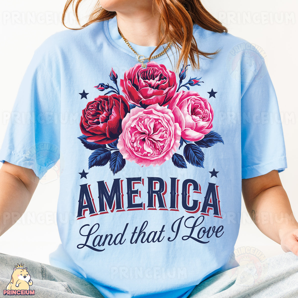 a woman wearing a blue america land that i love t - shirt