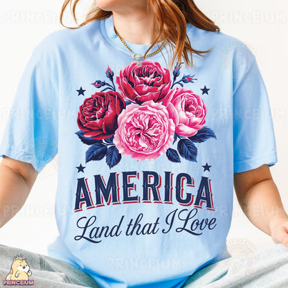 a woman wearing a blue america land that i love t - shirt