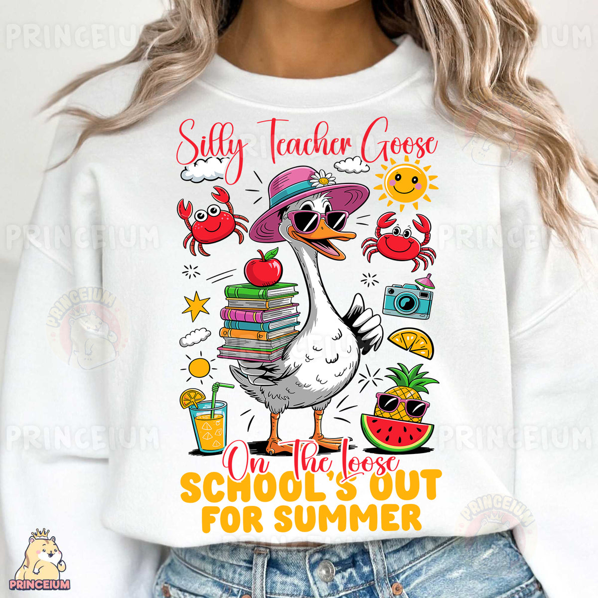 a woman wearing a white sweatshirt with an image of a duck wearing a hat and