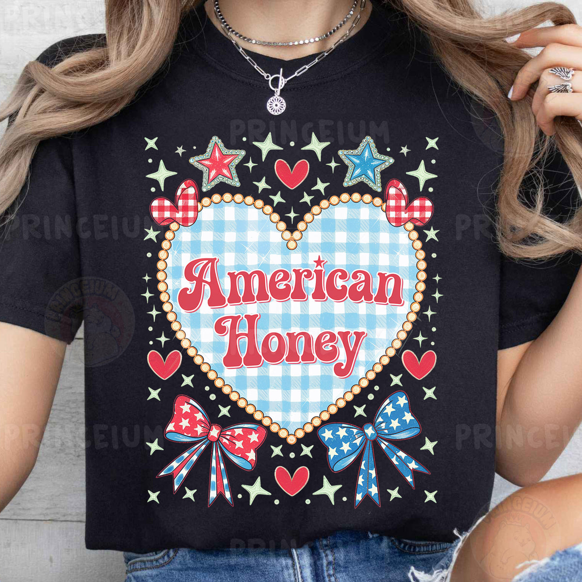 a woman wearing an american honey t - shirt