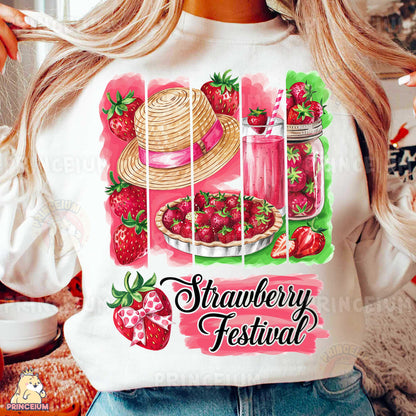 a woman wearing a strawberry festival t - shirt