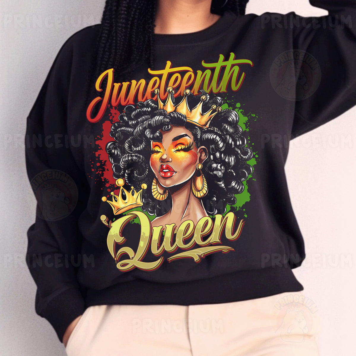 a woman wearing a black sweatshirt with a crown on it