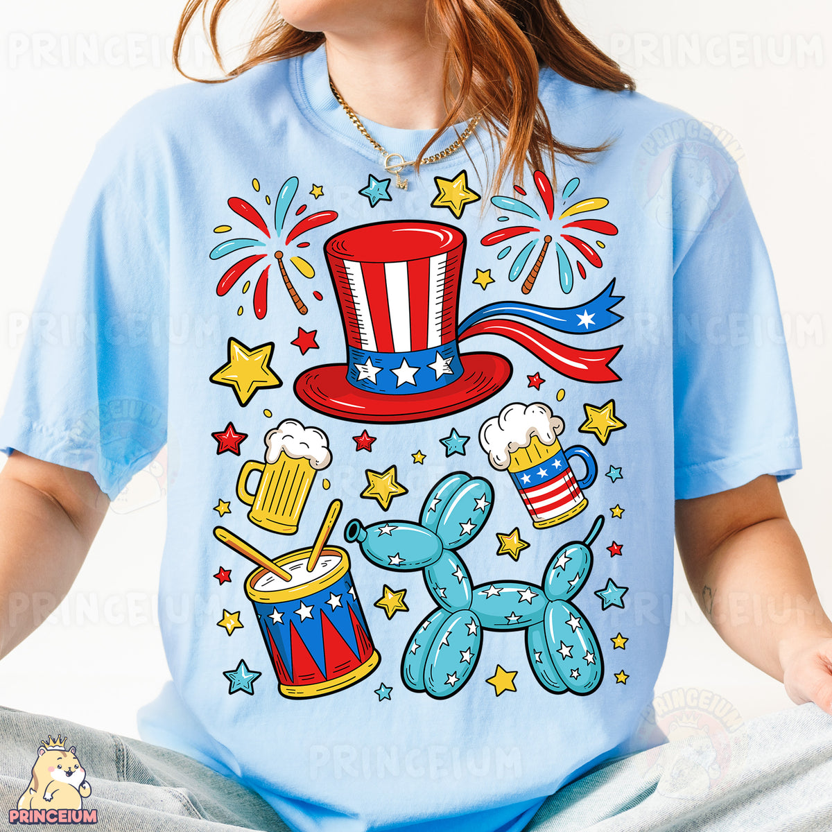 a woman wearing a blue t - shirt with a patriotic design on it
