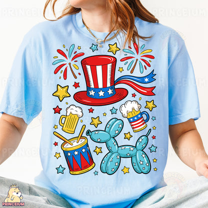 a woman wearing a blue t - shirt with a patriotic design on it