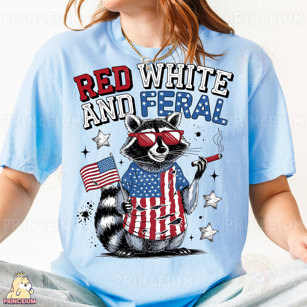 a girl wearing a red, white and fe ral t - shirt
