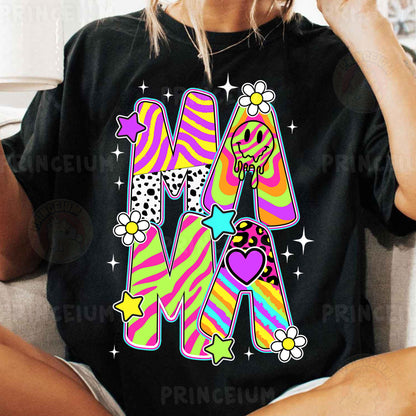 a woman sitting on a couch wearing a black m shirt
