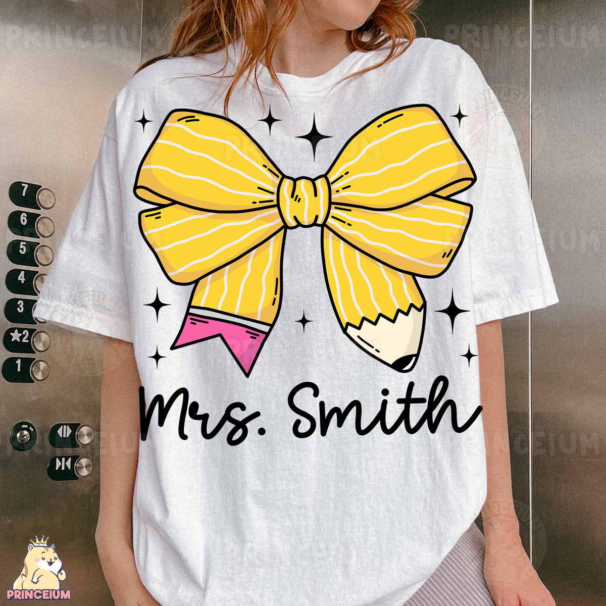 a woman wearing a white tshirt with a yellow bow