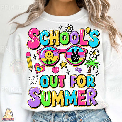 a woman wearing a white sweatshirt that says school's out for summer