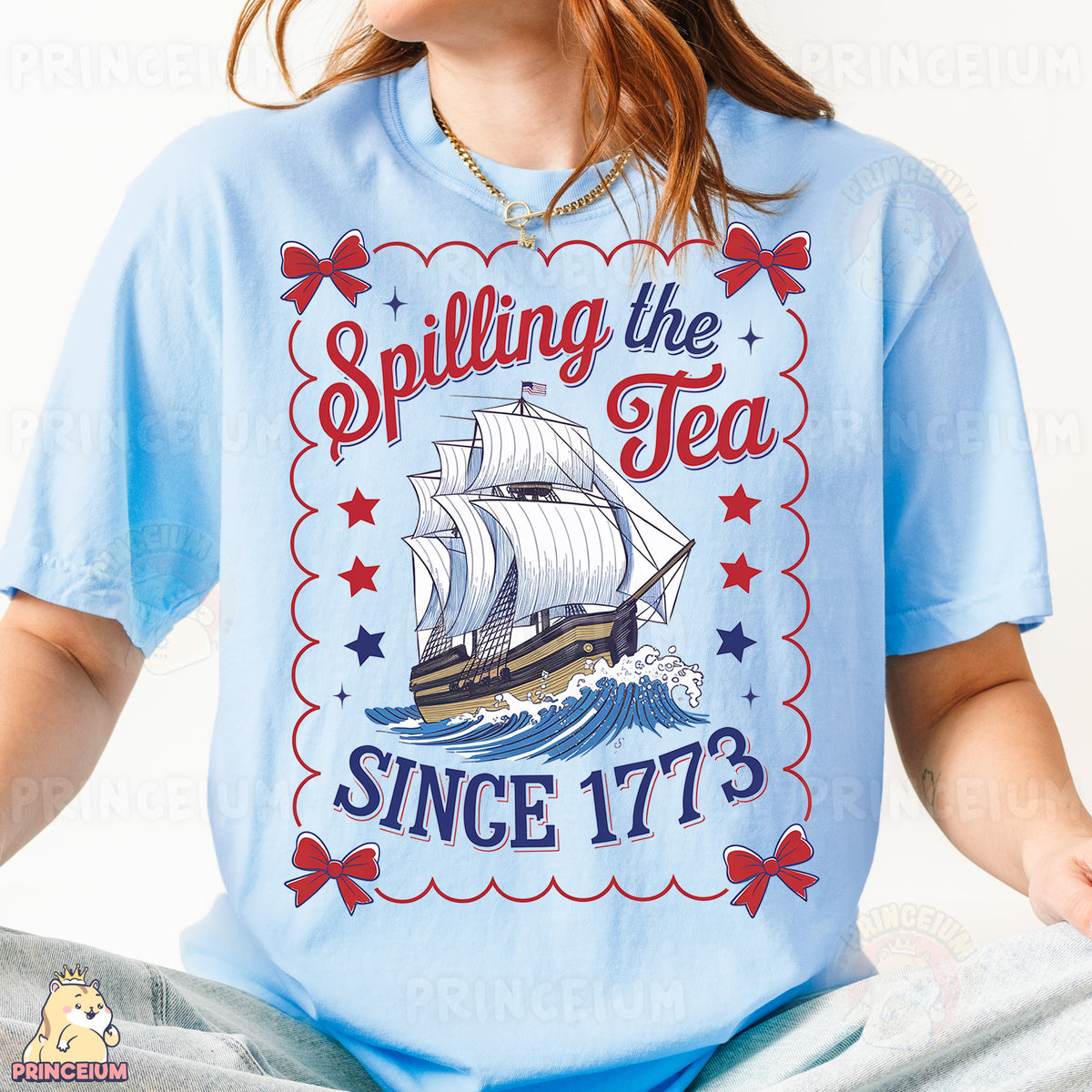 a woman wearing a t - shirt that says spilling the tea since it's