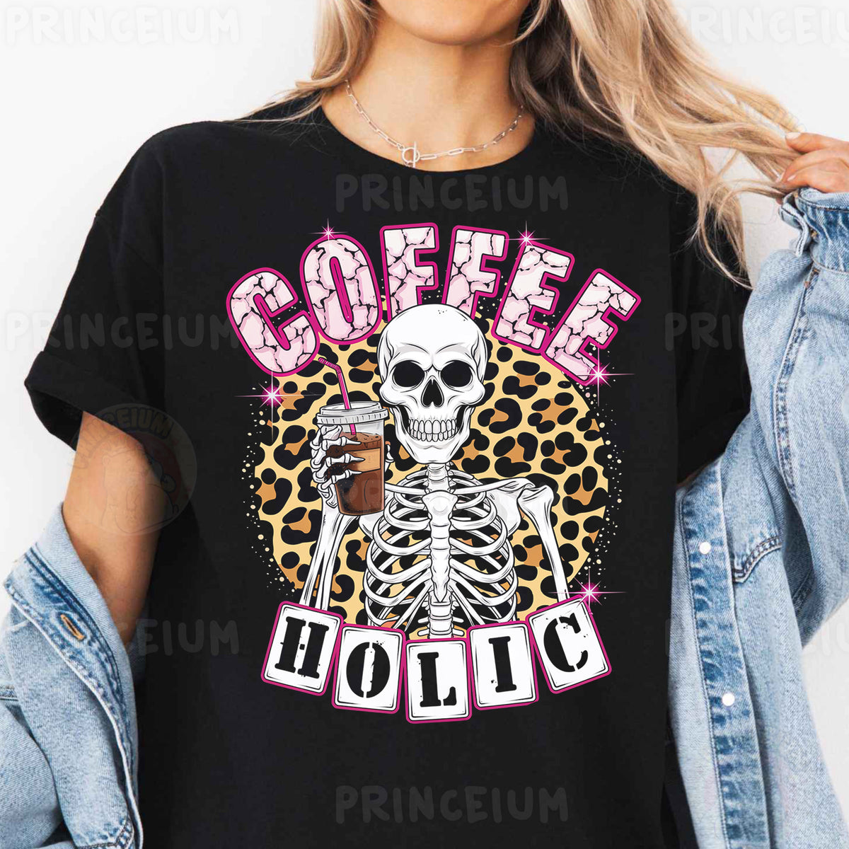 a woman wearing a black coffee holic t - shirt