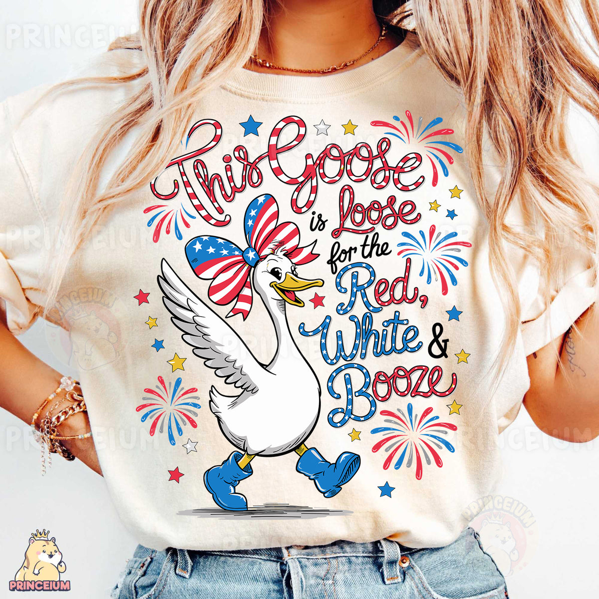 a woman wearing a patriotic t - shirt with a goose on it