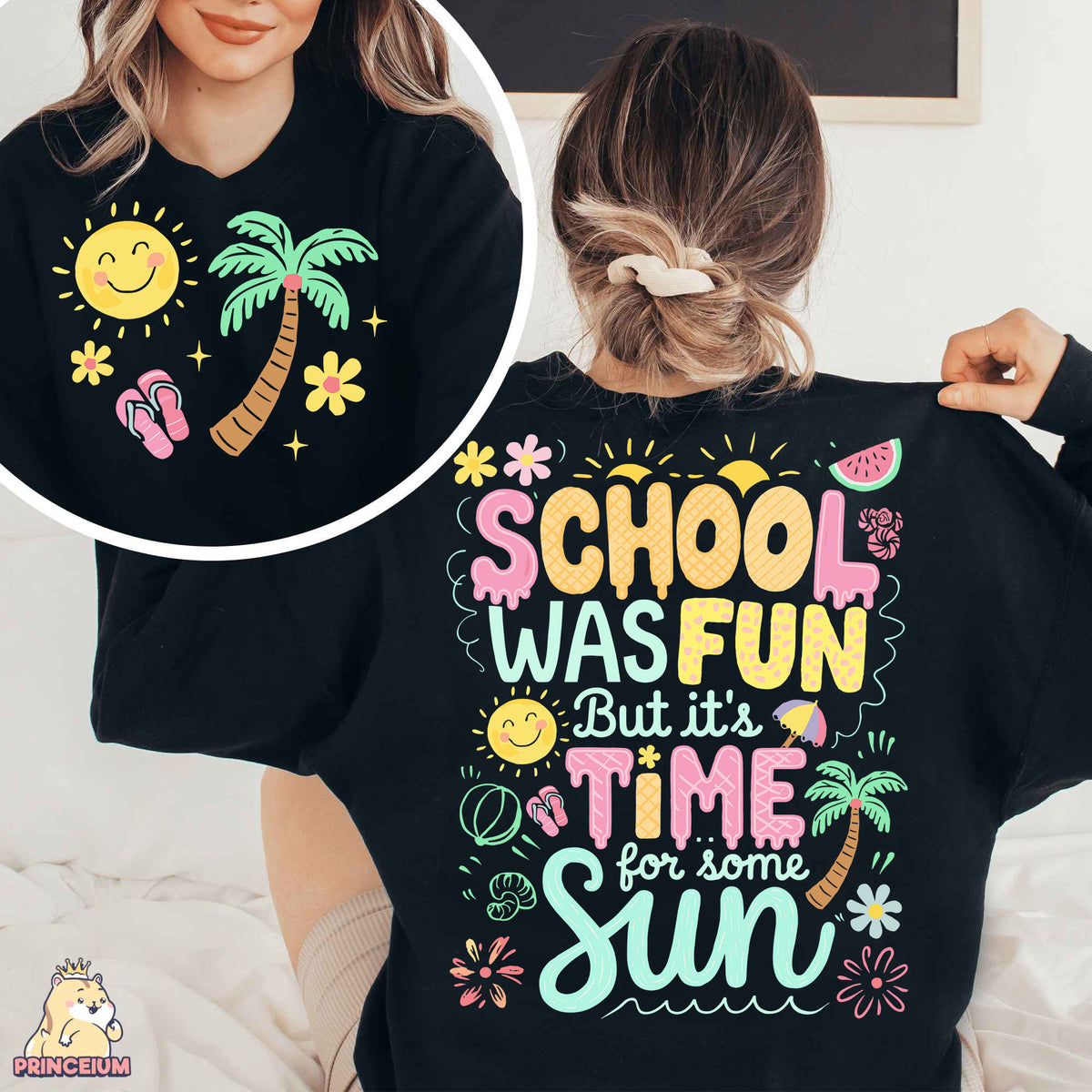 a woman wearing a black shirt that says school was fun but it's time