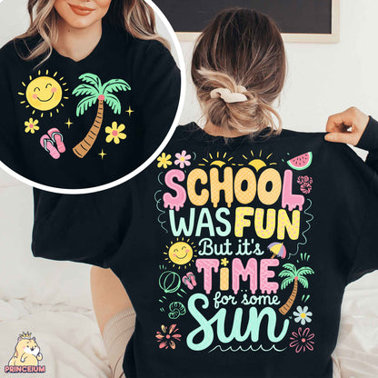a woman wearing a black shirt that says school was fun but it's time