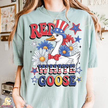 a woman wearing a red, white, and blue goose t - shirt
