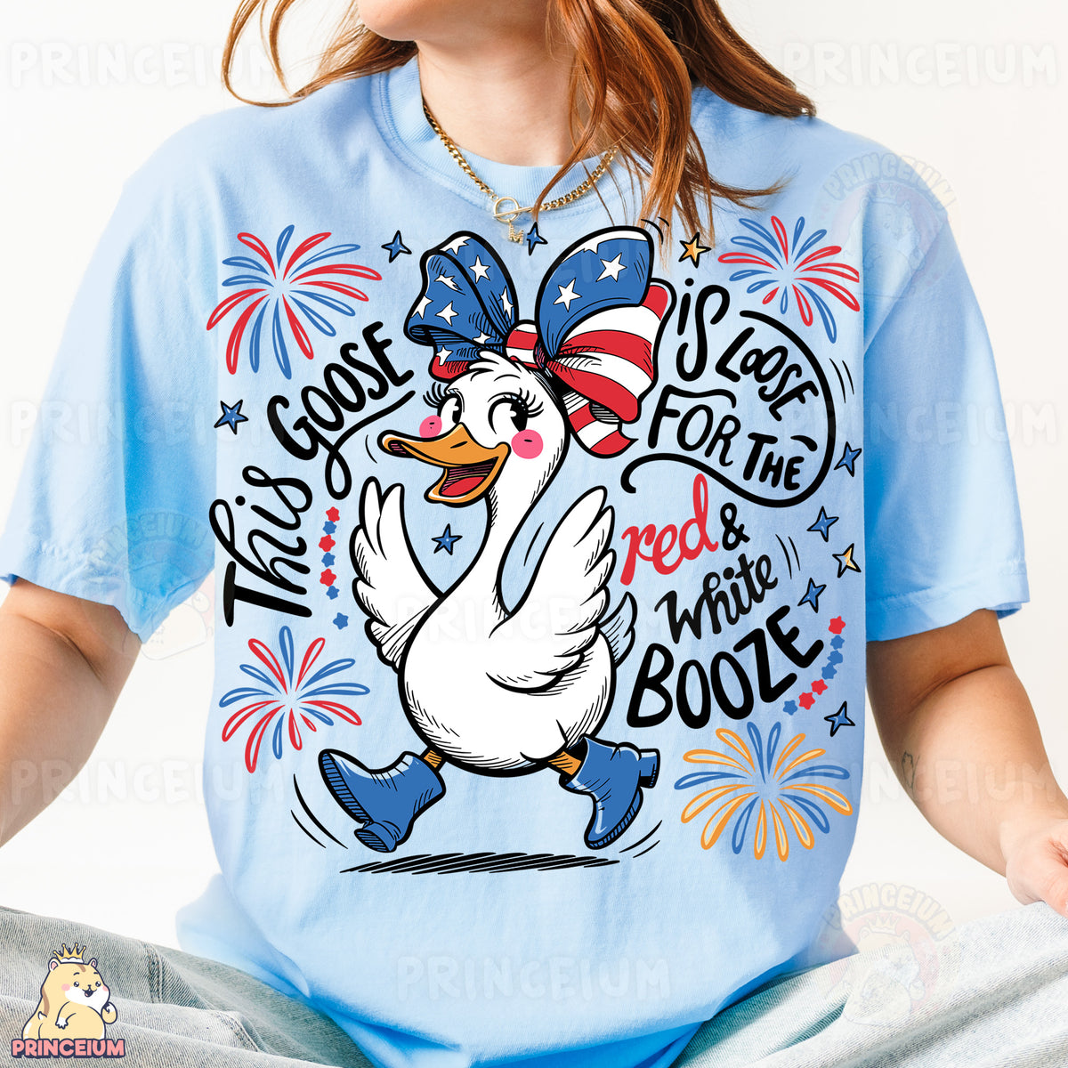 a woman wearing a blue t - shirt with a white duck on it