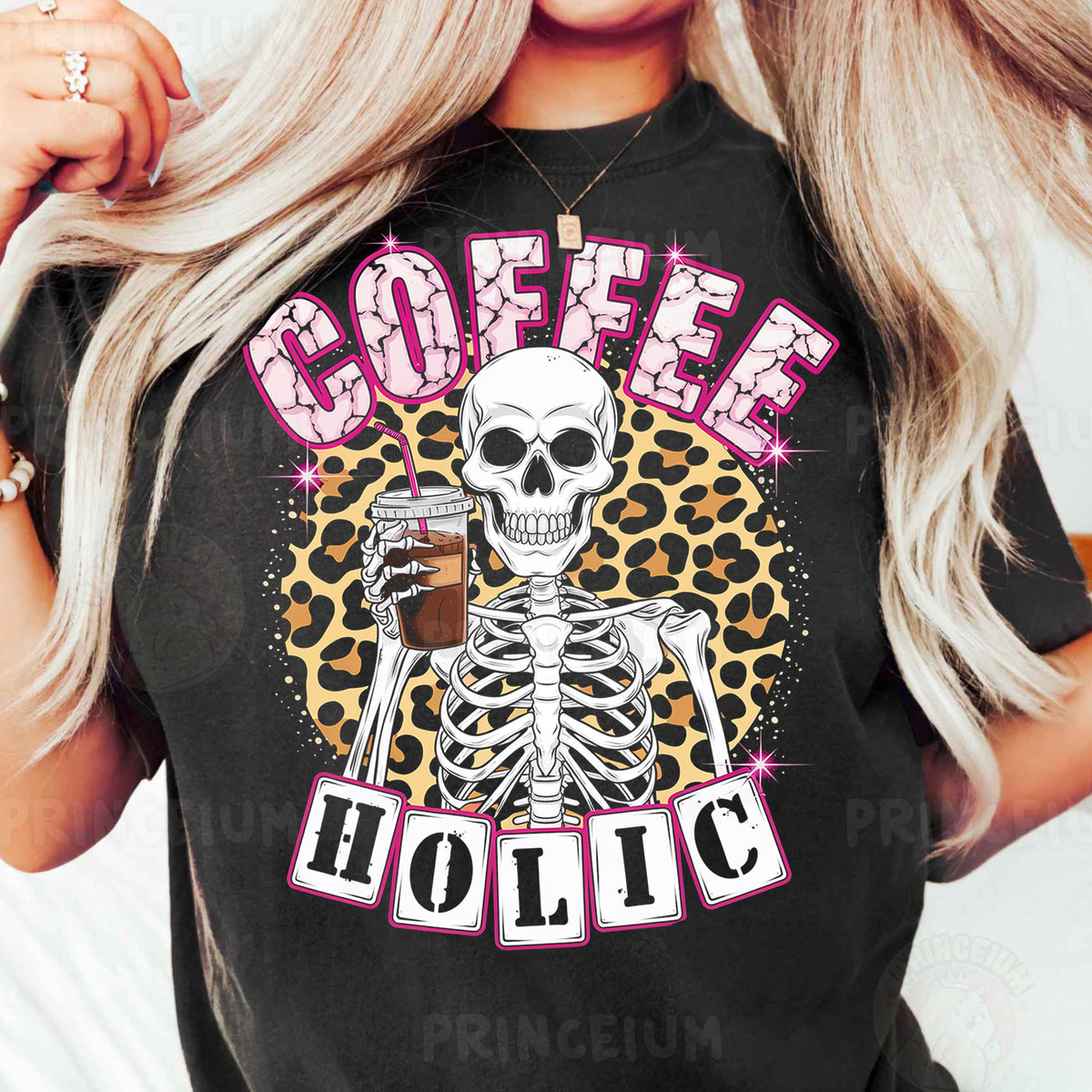 a woman wearing a coffee holic t - shirt