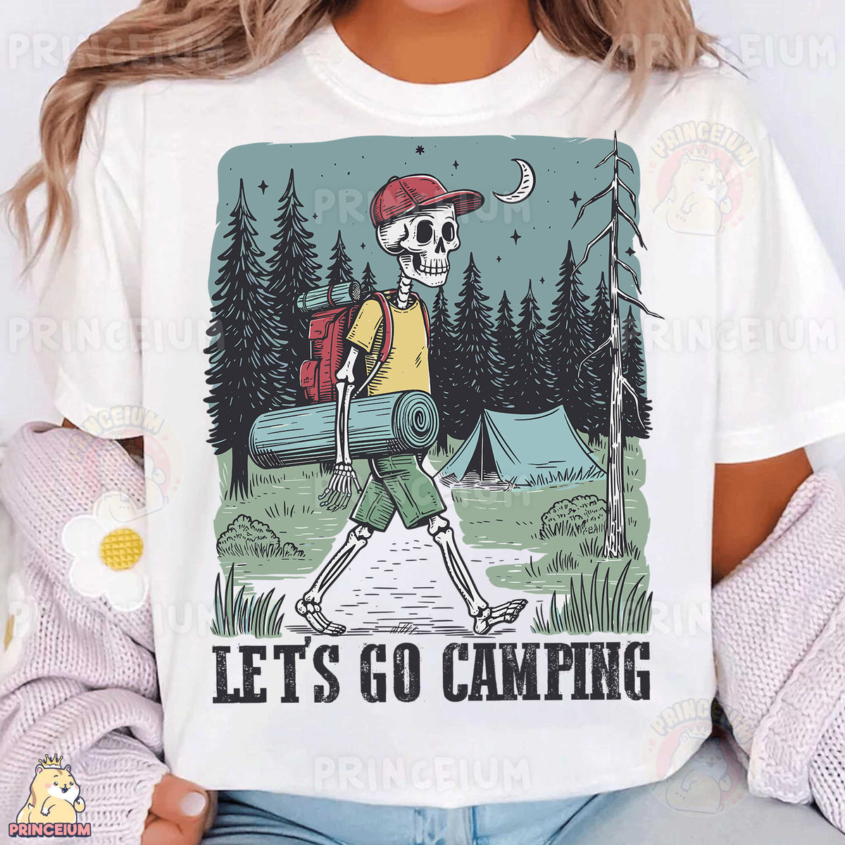 a woman wearing a t - shirt with a picture of a skeleton carrying a backpack