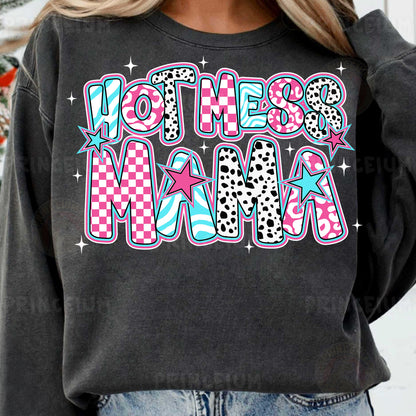 a woman wearing a black sweatshirt with the words mom on it