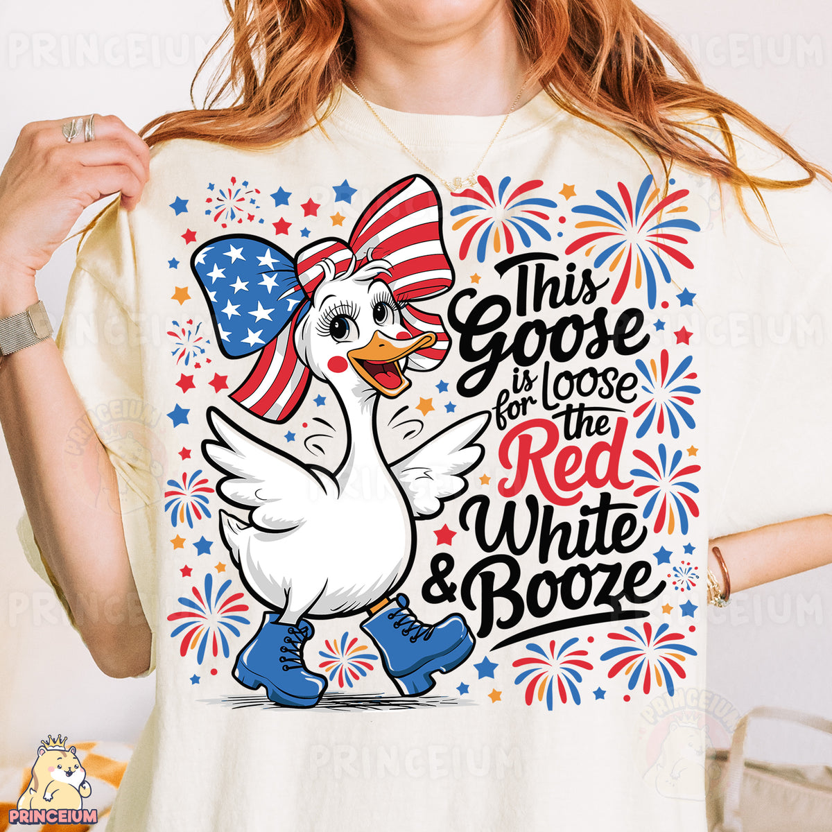 a woman wearing a patriotic t - shirt with a goose on it