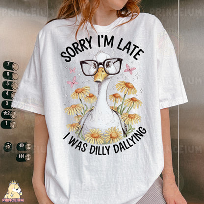 a woman wearing a white shirt with a duck wearing glasses