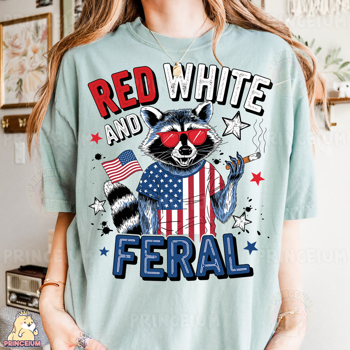 a woman wearing a red, white and blue shirt