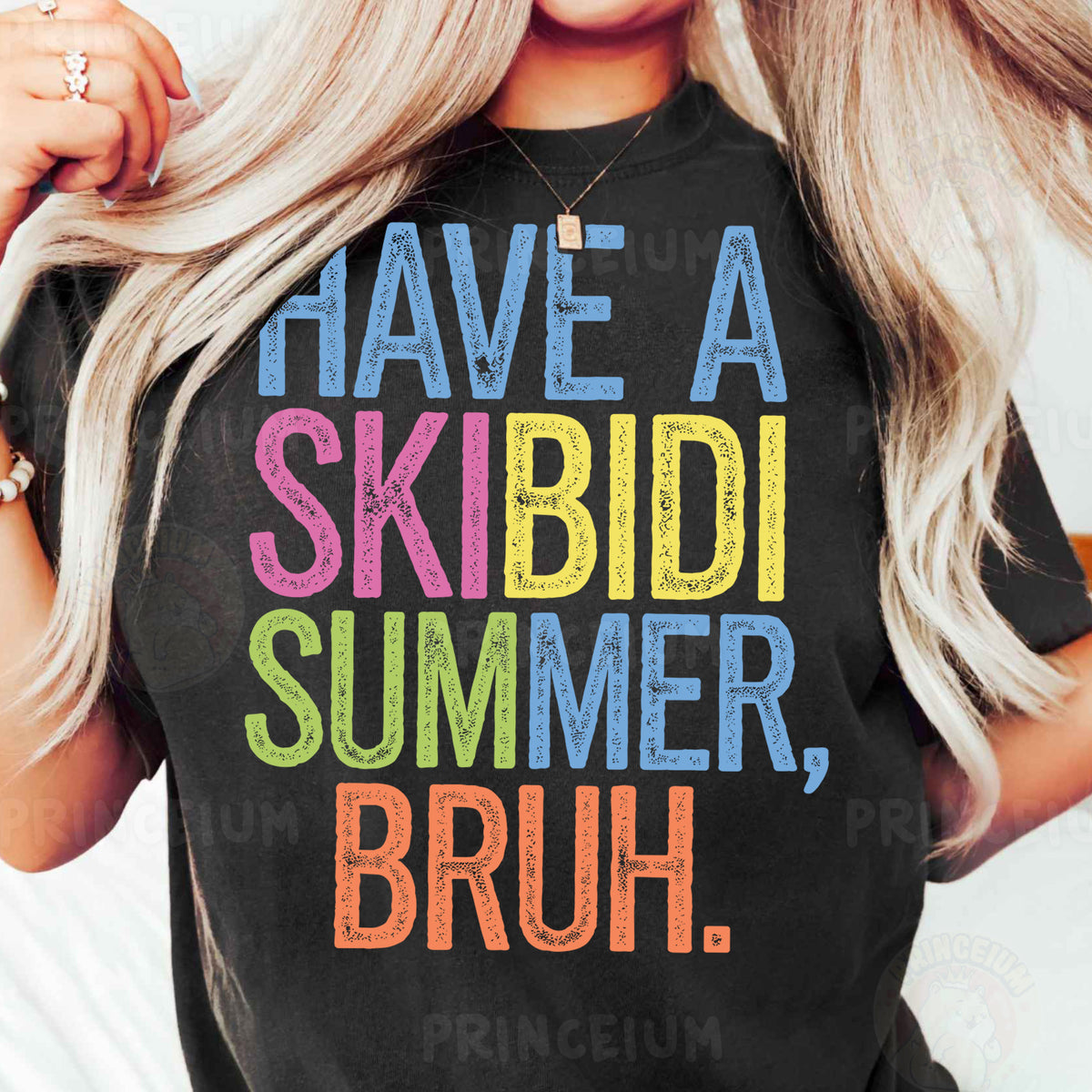 a woman wearing a black shirt that says have a skibid summer, br