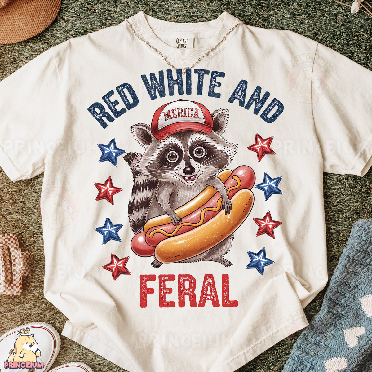 a white shirt with a raccoon on it