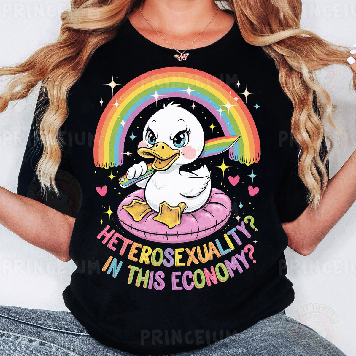 a woman wearing a black shirt with a duck on it