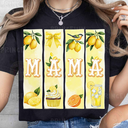 a woman wearing a black t - shirt with lemons and cupcakes on