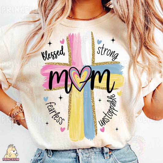 a woman wearing a t - shirt with a cross on it