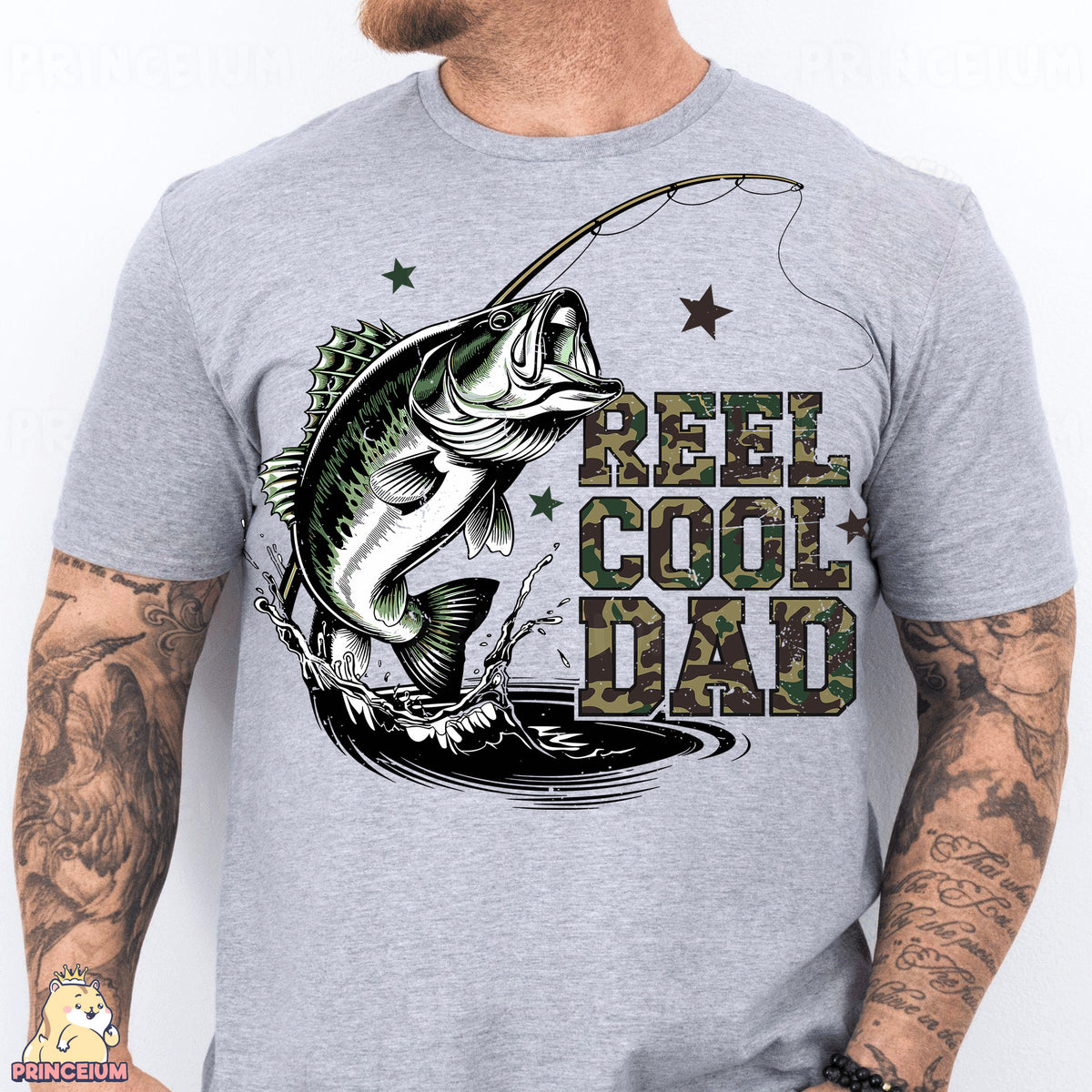 a man wearing a reel cool dad t - shirt